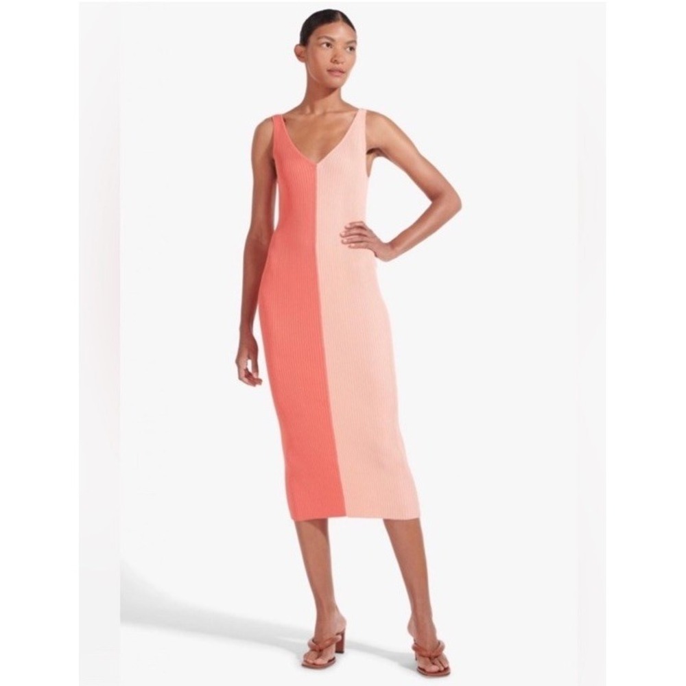 NWOT STAUD Dana Midi Tank Dress Coral Orange Colorblock V Neck Ribbed Knit Sz S